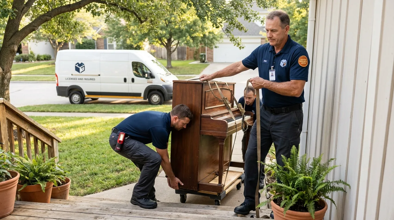 Licensed piano movers securing grand piano in Maple Grove, MN