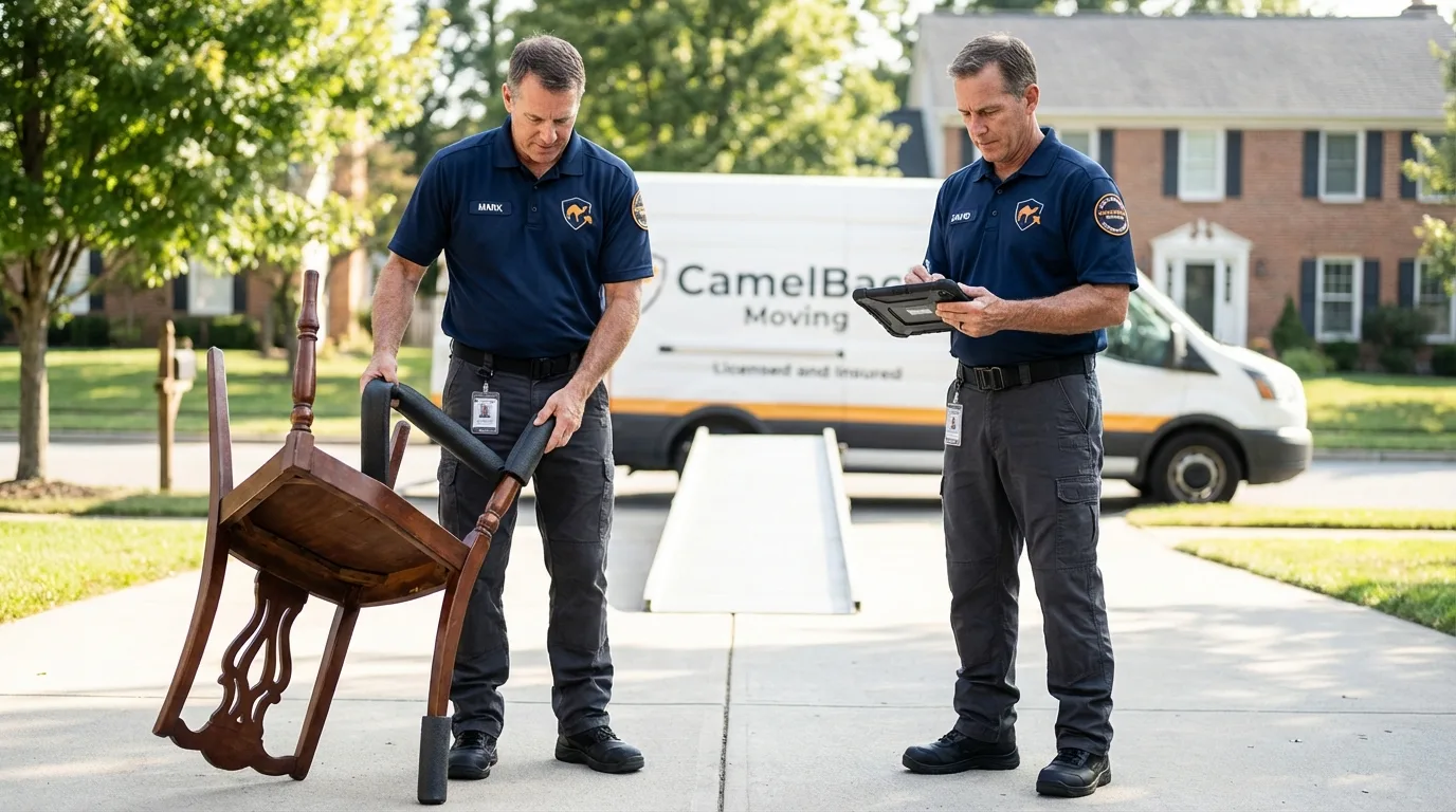 Movers inspecting furniture for damage prevention before loading in Maple Grove, MN