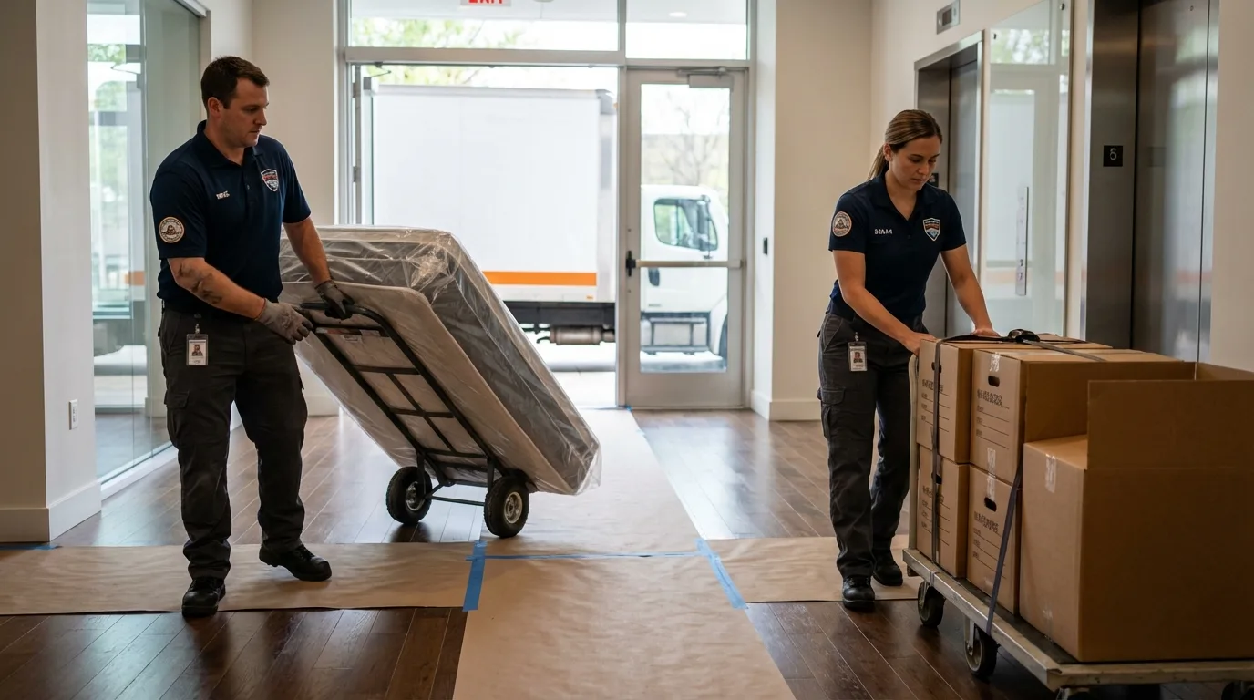 Professional apartment movers loading elevator in Maple Grove, MN